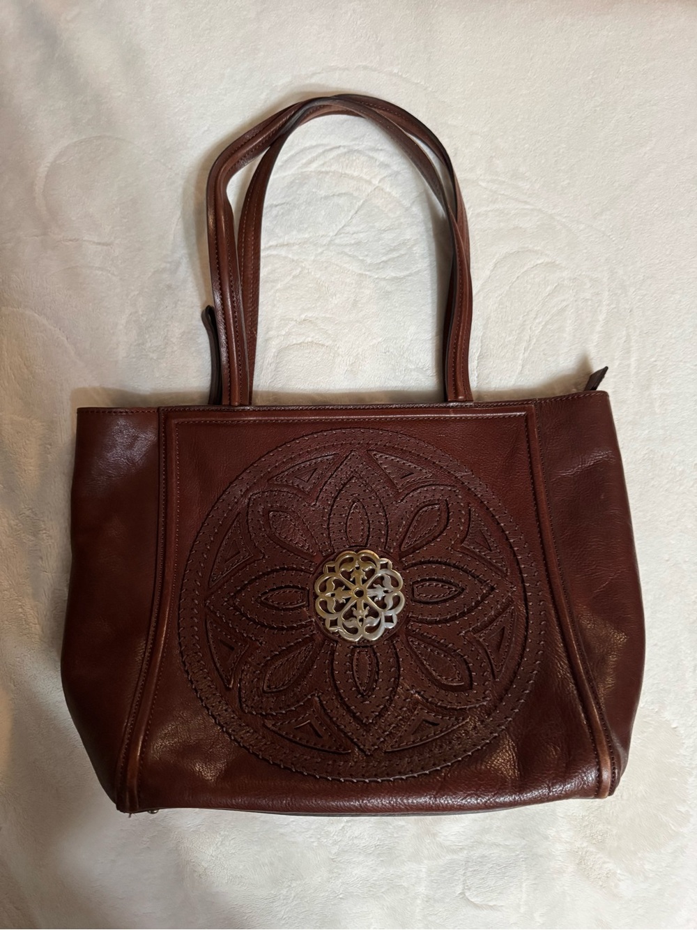 Brighton Ferrara Brown Leather Shoulder tote with Floral Medallion